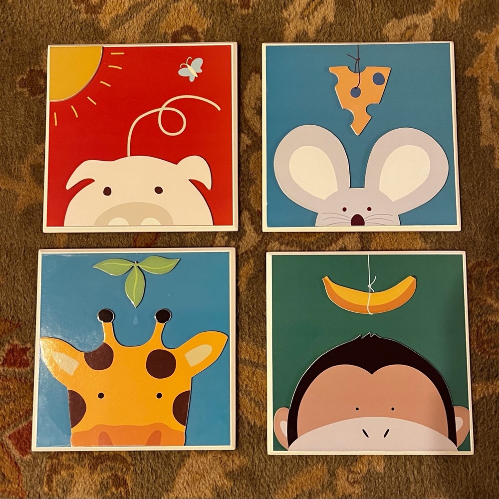 Four colorful animal pieces artwork, mouse, monkey, giraffe, pig